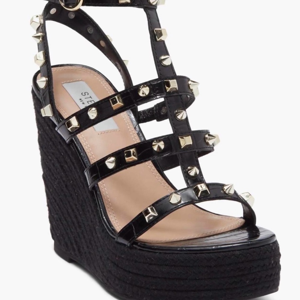 STEVEN NEW YORK:  Black Studded Wedge Sandals